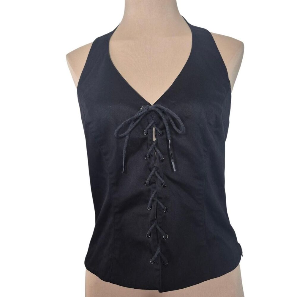 Cache Black Halter Top with Lace Up Front Size 4 Vintage 90s Y2K